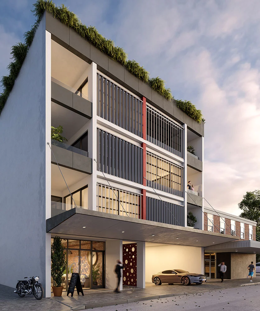 Architectural rendering of Aspect Dulwich Hill with screened balconies and rooftop planting