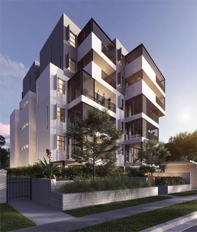 Architectural rendering of Aura Sutherland showing staggered balconies and landscaped street frontage