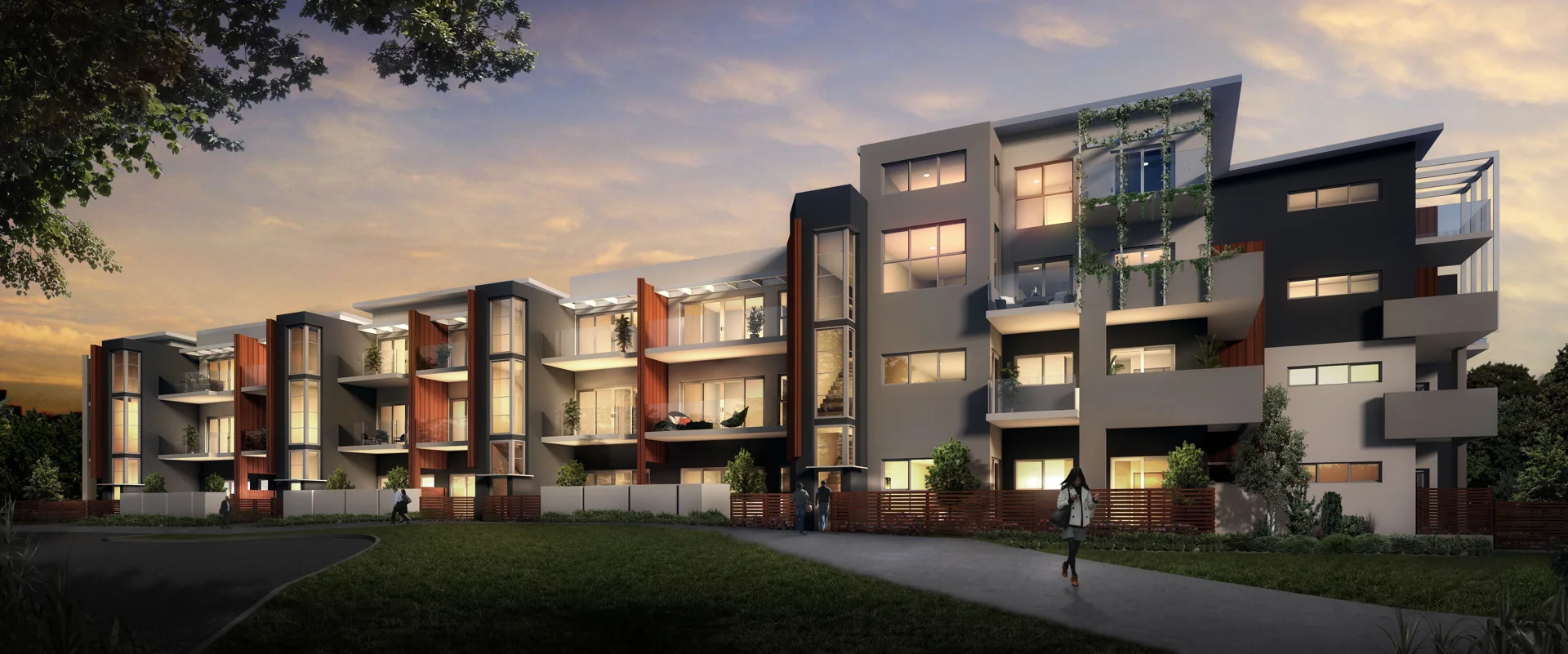 Architectural rendering of Zest Franklin apartments at dusk, overlooking landscaped gardens